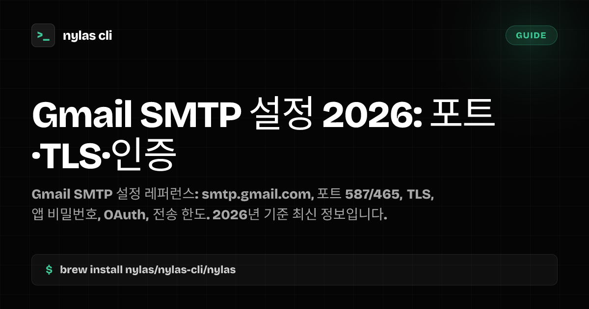 Gmail SMTP 설정 2026: 포트·TLS·인증 | Nylas CLI