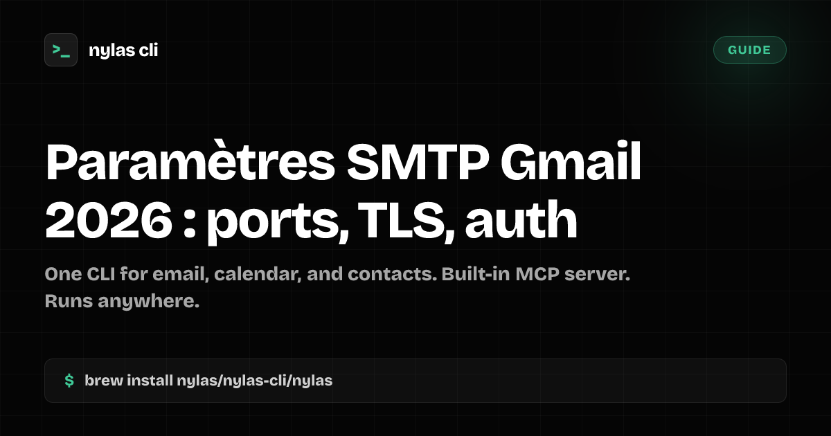 Paramètres SMTP Gmail 2026 : ports, TLS, auth | Nylas CLI